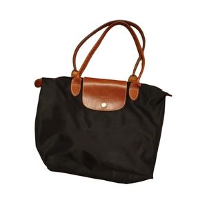 LONGCHAMP Medium Le Pliage Nylon Shoulder Tote Bag in Black w/  Leather Handle